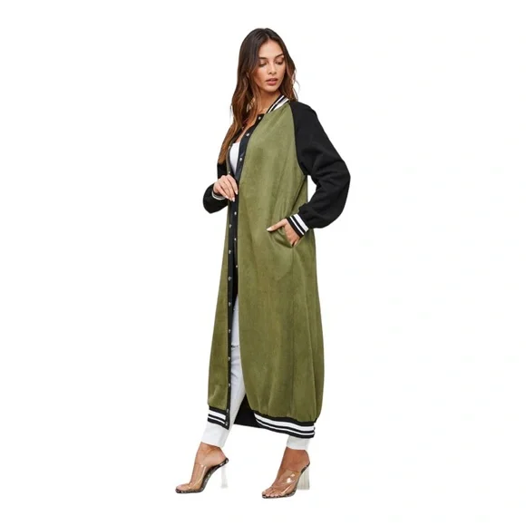 SoNo Chic Varsity Faux Suede Green Maxi Front Snap Jacket - Picture 1 of 14